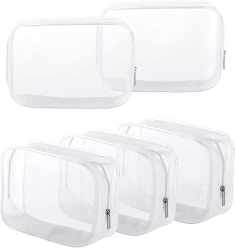 Paquete de 5 bolsas de aseo de plástico transparente con cremallera aprobadas por la TSA, bolsa portátil para maquillaje y cosméticos para Blanco