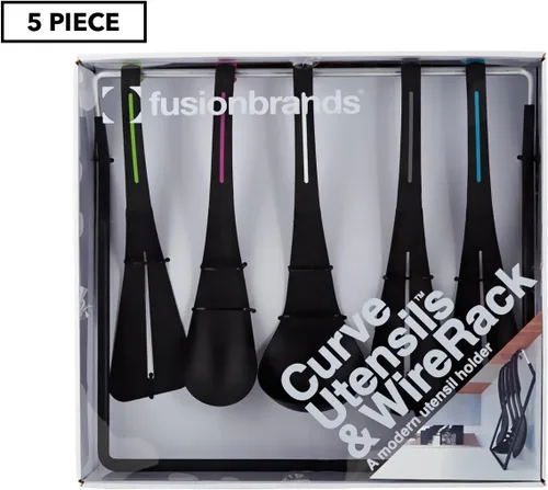 Miniatura 5 de Fusionbrands CurveUtensil - Juego de 5 herramientas esenciales de cocina de nailon con pantalla de alambre y estante de almacenamiento, agarres