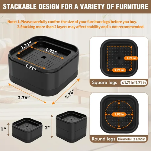 Miniatura 2 de Paquete de 8 Elevadores de Muebles Elevadores de Cama Ajustables de Servicio Pesado Elevan la Altura 1 o 2 Pulgadas, Elevadores de Cama Cuadrados