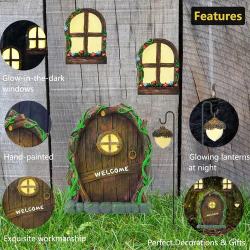 Miniatura 5 de Accesorios de jardín de hadas en miniatura: brilla en la oscuridad puerta y ventanas de hadas para árboles, adorno de jardín de resina verde