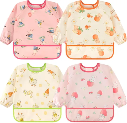 Miniatura 23 de Accmor 4 Pack Long Sleeve Bibs, Baby Smock Waterproof Sleeved Bib Smock for Baby Toddler 6-36 Months Dinosaurio azul/cerdo naranja/alce