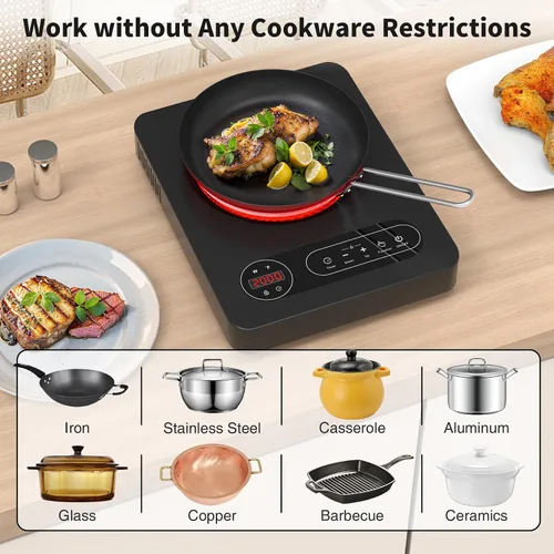 Miniatura 6 de VBGK Cocina eléctrica de un solo quemador, estufa eléctrica de 110 V 1800 W con control táctil LED, 10 niveles de potencia, temporizador de 4 horas