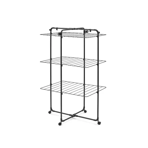 Brabantia HangOn Tower - Tendedero de ropa con ruedas, 76 pies (75.5 ft) | Negro mate | Aireador alto de ropa interior de 3 niveles con estantes