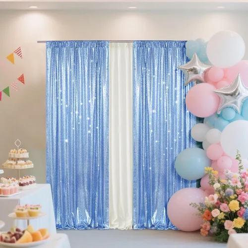 Miniatura 6 de PartyDelight Cortinas de fondo de lentejuelas color azul bebé, 2 paneles de 2 x 8 pies, alta densidad de 0.118 in, fondo de lentejuelas brillantes