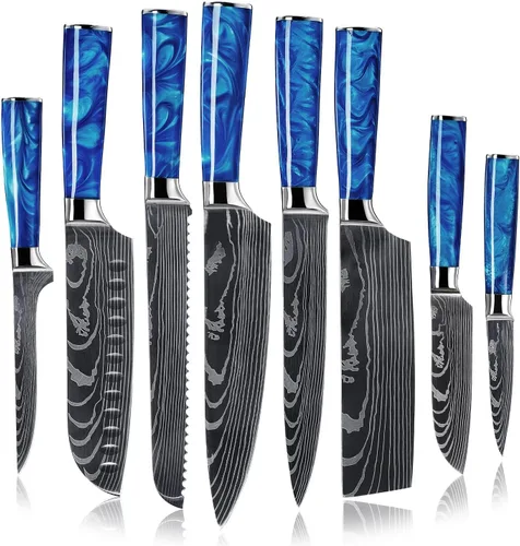 Miniatura 10 de Juego de 8 cuchillos japoneses SENKEN con mango de resina púrpura y patrón láser damasceno - Colección Amatista - Cuchillo de chef, cuchillo