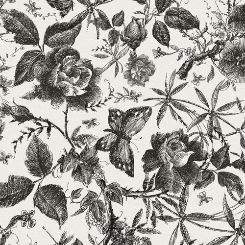 JiffDiff Papel tapiz vintage floral para despegar y pegar, rosa negra, papel de pared extraíble, papel de pared de vinilo, boceto, decoración