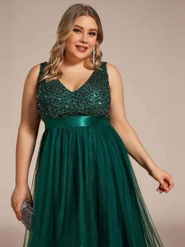 Miniatura 5 de Ever-Pretty Womens Double V Neck A Line High Low Sequin Tulle Plus Size Formal Evening Dresses 0147A-DA