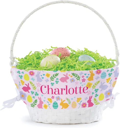 Cesta de huevo de Pascua personalizada con diseño de flores de conejo con asa y nombre personalizado, forros de canasta de Pascua rosados, canasta