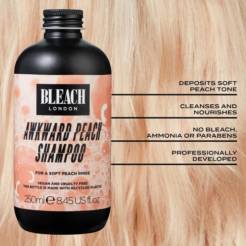 Miniatura 4 de Bleach London Awkward Peach Shampoo - Fórmula tonificante melocotón, para cabello decolorado, depósito de color, mejora el rubio cálido, sin