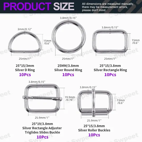 Miniatura 2 de Swpeet Hebillas de metal de 5 estilos: deslizante ajustable, anillo D, anillo circular Plateado