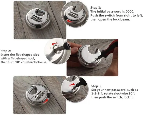 Miniatura 4 de Candado de disco de acero inoxidable de 4 dígitos (3 pulgadas) cerradura de combinación para exteriores para almacén, cobertizos, casilleros de Plata