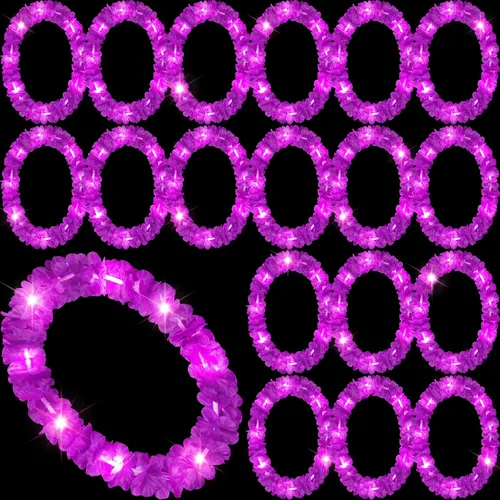 Miniatura 10 de Sherr 24 piezas Collares de leis LED iluminados, collares de flores hawaianas con luces LED para bodas, playa, tropical, carnaval, suministros