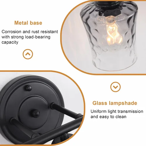 Miniatura 6 de Lámpara de baño de 3 luces, lámpara de tocador negra mate con pantalla de vidrio gris, moderna lámpara de pared de baño E26 para sobre espejo