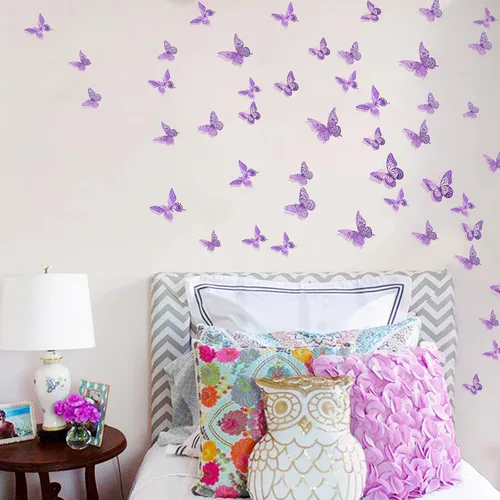 Miniatura 4 de SAOROPEB - Calcomanía de mariposa 3D para pared, 48 piezas, 4 estilos, 3 tamaños, extraíble, mariposa morada para decorar cumpleaños, fiestas