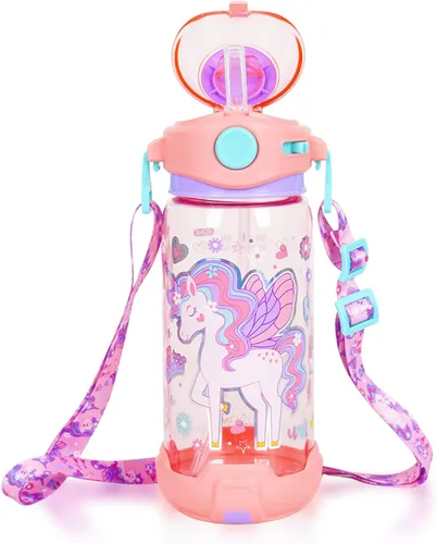 Miniatura 9 de Botella de agua para niños con pajita/cordón para niños de la escuela, niños y niñas, 22 oz / 650 ml, sin BPA, botella de agua para beber