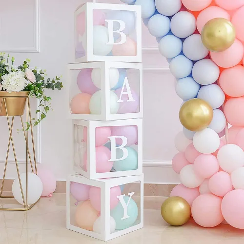 VOVOV Cajas transparentes para bebés con letras para decoración de revelación de género, bloques transparentes para baby shower, decoración de caja