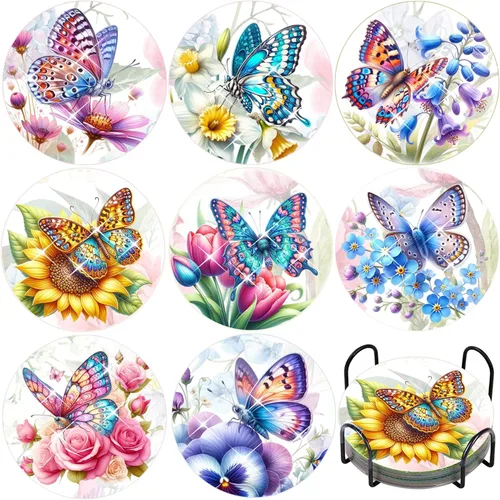 Miniatura 10 de TDOOW 8 Piezas Posavasos de Pintura de Diamante, Posavasos de Arte de Diamante de Girasol para Adultos DIY Posavasos de Arte de Diamante