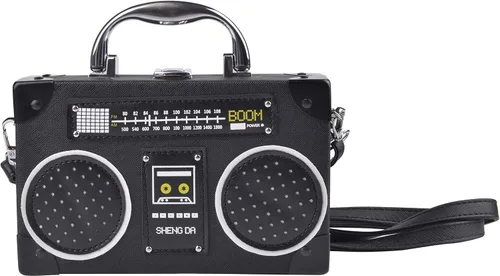 QZUnique Bolsa de hombro con forma de cinta grabadora de radio bolsa cruzada de poliuretano para mujer bolsa de noche retro bolso de mano