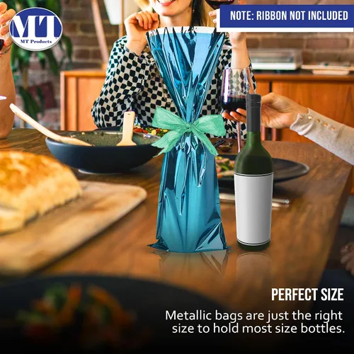 Miniatura 4 de MT Products Bolsas de regalo de vino Mylar metalizadas azules de 6.5 x 18 pulgadas, ideales para tirar de vino, paquete de 25