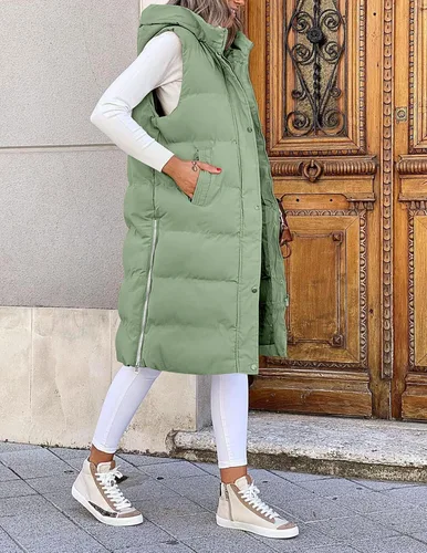 Miniatura 6 de LEANI Chaleco largo acolchado con cremallera completa para mujer, abrigo sin mangas con bolsillos
