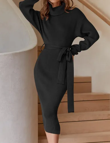 Miniatura 44 de ZESICA - Vestido por debajo de la rodilla de suéter, de cuello alto, para mujer, de manga larga, de punto acanalado, con abertura y cinturón