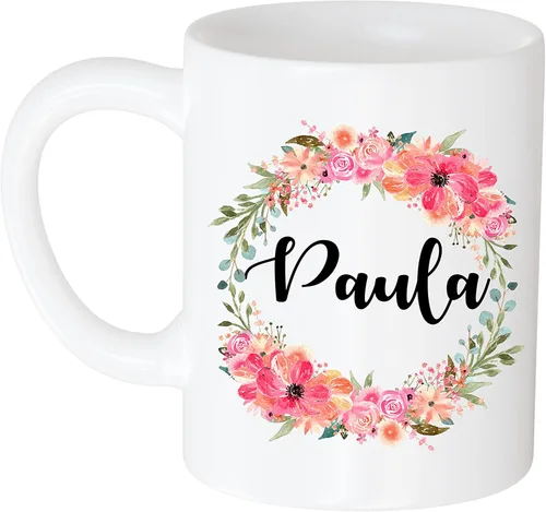 Taza de café personalizada – Regalo para mujeres, nombre personalizado Paula Flower and Name 11oz taza blanca 892751