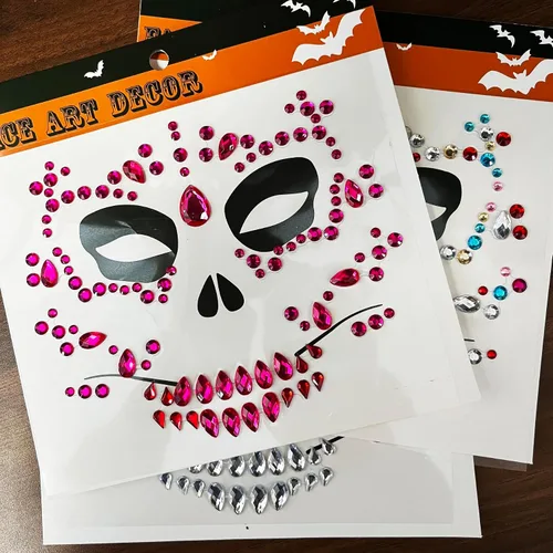Miniatura 2 de Face Jewels - Tatuajes faciales temporales, paquete de 6 gemas faciales para el Día del Calavera Died, calcomanías faciales con purpurina de cristal