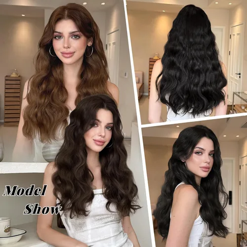 Miniatura 9 de Extensiones rubias onduladas con clip, de 18 pulgadas de largo, sintéticas, invisibles, gruesas, postizas, para mujeres, 5 piezas, rizadas, suaves