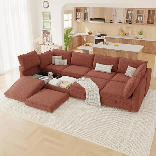 Miniatura 34 de 95.5" Sofá seccional modular de chenilla con almacenamiento oculto, sofá cama convertible en forma de L y U, sofá seccional moderno de 6 plazas