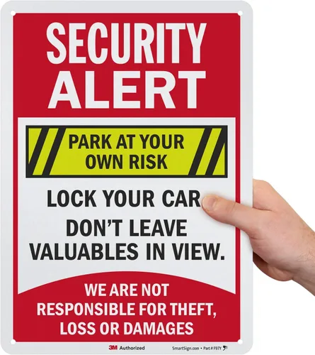 Miniatura 10 de SmartSign Letrero de metal con texto en inglés "Security Alert - Park At Your Own Risk, Lock Your Car, Not Responsible", aluminio de 63 mil, Letrero