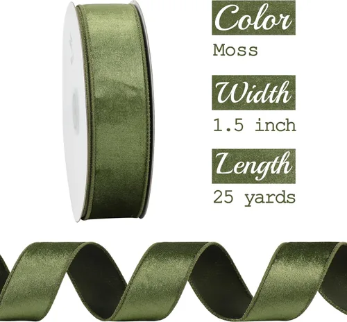 Miniatura 2 de MEEDEE Cinta de terciopelo verde musgo, 1.5 pulgadas, 25 yardas, terciopelo triturado, cinta de Navidad para árbol, coronas, lazos Verde Oliva