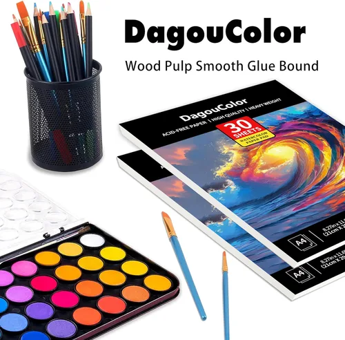 Miniatura 4 de DagouColor Bloc de papel de acuarela, A4, paquete de 2, 30 hojas cada una, papel prensado en frío de 140 libras/10.58 oz/m², libro de artista