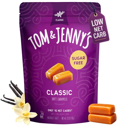 Tom & Jenny's dulces de caramelo suave sin azúcar, caramelo bajo en carbohidratos para dieta keto; con xilitol y maltitol.