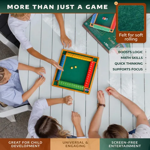 Miniatura 7 de Shut The Box Game Tablero de madera para 4 jugadores, juego de 14 pulgadas, 12 números para adultos y niños, ideal para noche
