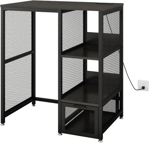 METYERRY Estante para hornear de cocina con toma de corriente, soporte para microondas con cajón, mini soporte para refrigerador con estantes Negro