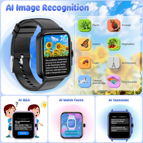 Miniatura 5 de Reloj inteligente para niños, rastreador de actividad física de 1.85 pulgadas con cámara, juegos, música, SOS, AI, reloj despertador, video, control