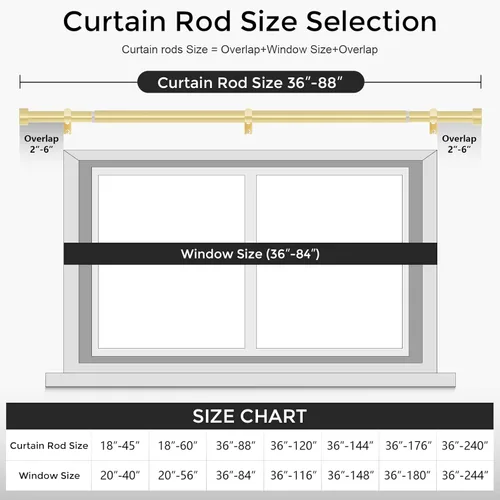 Miniatura 5 de VOIIY - Barras de cortina doradas para ventanas, 1 pulgada de diámetro, con remates de tapa en extremos, estilo moderno, 36 a 88 pulgadas Oro
