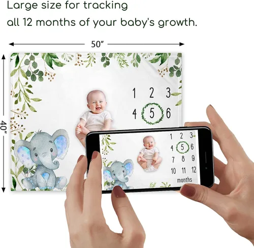 Miniatura 3 de Yuzioey Manta mensual de hitos para bebé, manta de fotos de elefante de safari, regalo para nuevas mamás, Watch Me Grow Baby Boy Greenery Elephant
