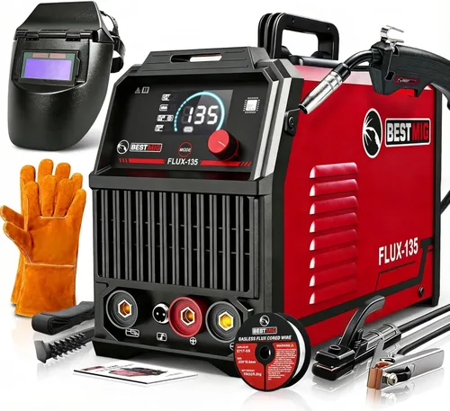 BESTMIG 135A Soldador MIG - Soldador de núcleo de flujo 3 en 1, máquina de soldadura MIG/Lift TIG/Stick - Inversor IGBT portátil - 110 V con casco