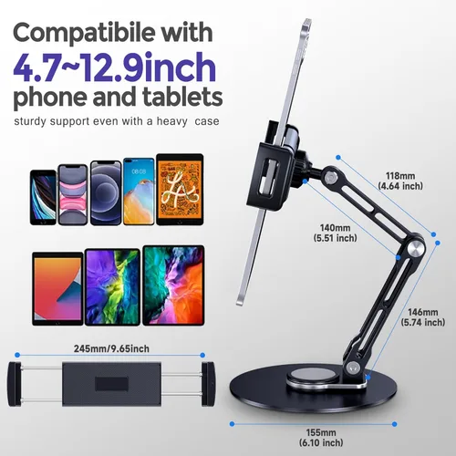 Miniatura 5 de Soporte para tableta para iPad, ajustable con base giratoria de 360 grados para escritorio, soporte giratorio de aluminio para tableta compatible
