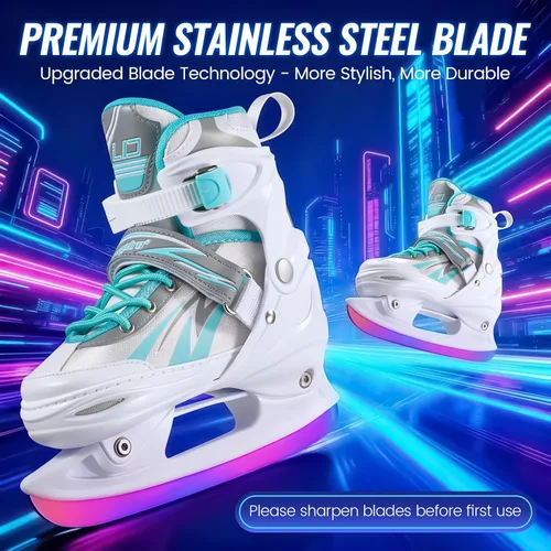 Miniatura 5 de Patines de hielo ajustables para niños, niñas y niños, 4 tamaños ajustables para principiantes, patines de hockey sobre hielo para jóvenes y Azul