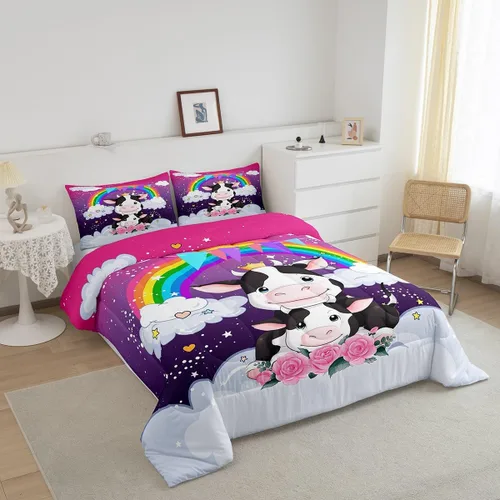 Miniatura 2 de Erosebridal Juego de edredón de animales tamaño individual, juego de ropa de cama de vaca lechera de dibujos animados para niños y niñas