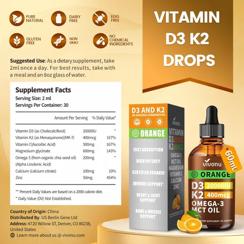 Miniatura 8 de VivoNu Gotas de vitamina D3 K2, D3 20000 UI y K2 como MK-7 400mcg con magnesio, calcio, zinc y Omega 3 para inmune*, estado de ánimo*, hueso* salud