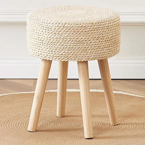 Cpintltr Taburete otomano redondo natural de hierba marina, puf otomano con patas de madera maciza, reposapiés tejido a mano, taburete para sala de