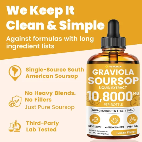 Miniatura 5 de vivcmin Graviola - Extracto líquido de hoja de guanábana – Líquido amargo de guanábana, apoyo inmunológico, relajación, hígado y sueño, sin azúcar