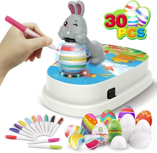 Engfa Kit de decoración de huevos de Pascua, decoración de huevos, juguete giratorio de conejo de Pascua, máquina para colorear con 12 marcadores de