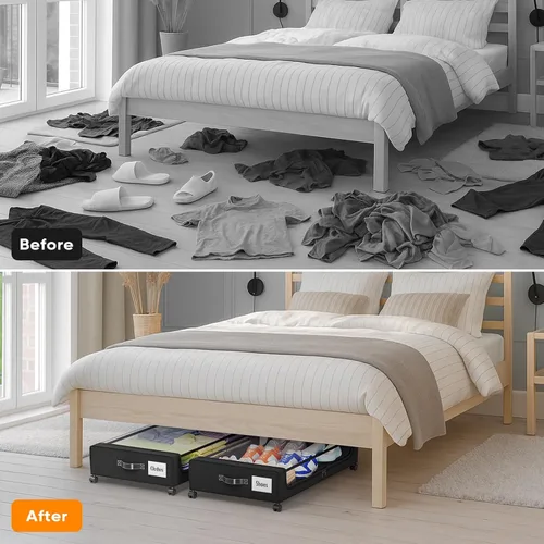Miniatura 10 de Camkey® Almacenamiento debajo de la cama con ruedas de 360°, paquete de 2 unidades, contenedores rodantes de bajo perfil de 60L debajo de la cama