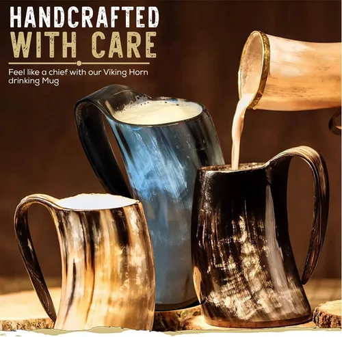 Miniatura 5 de Taza de cuerno vikingo – Jarra grande hecha a mano con cuerno de buey para aguamiel y cerveza, regalo medieval seguro para alimentos (tamaño grande)