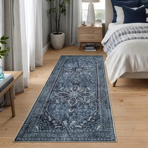 Miniatura 3 de Bloom Rugs Caria Alfombra Lavable Antideslizante de 7 pies - Azul/Carbón Alfombra Tradicional para Entrada, Pasillo, Baño y Cocina - Tamaño Exacto