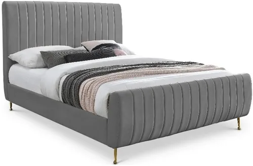 Miniatura 13 de Meridian Furniture Colección moderna Zara Cama tapizada de terciopelo contemporáneo con acolchonamiento de canal profundo y patas doradas a Crema